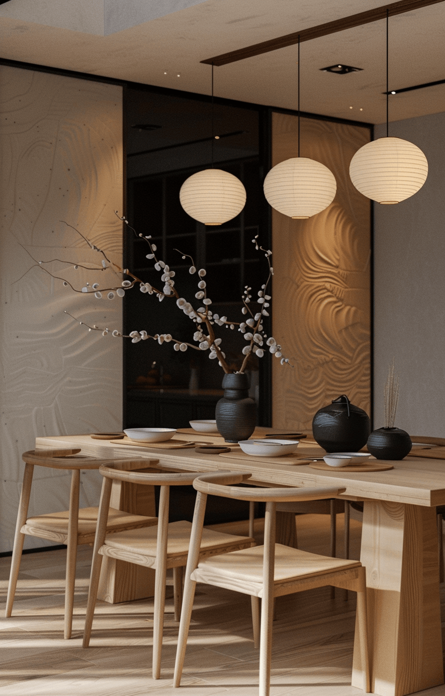 Wabi-sabi influences in the decor of a Japandi dining space