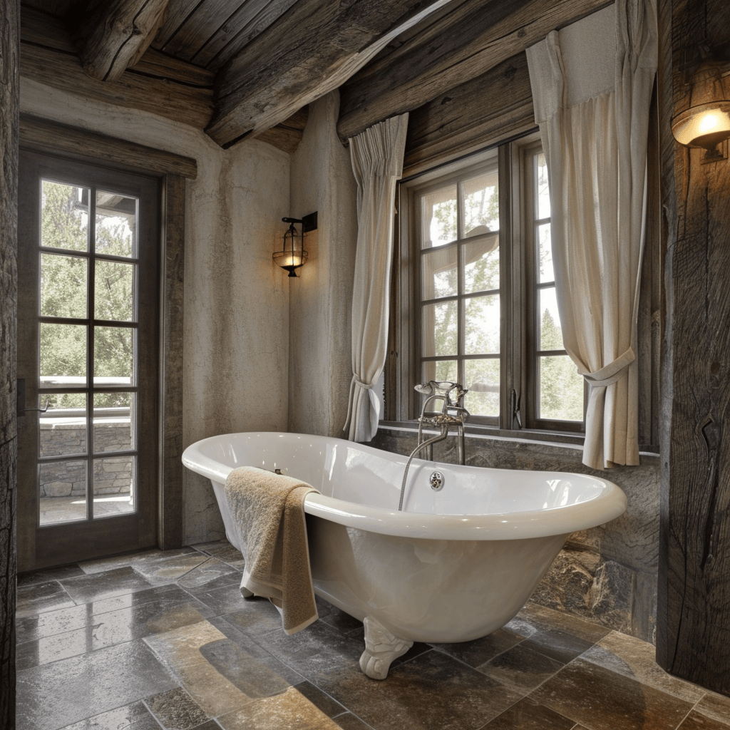 Wall-mounted candle sconces in a dimly lit rustic bathroom