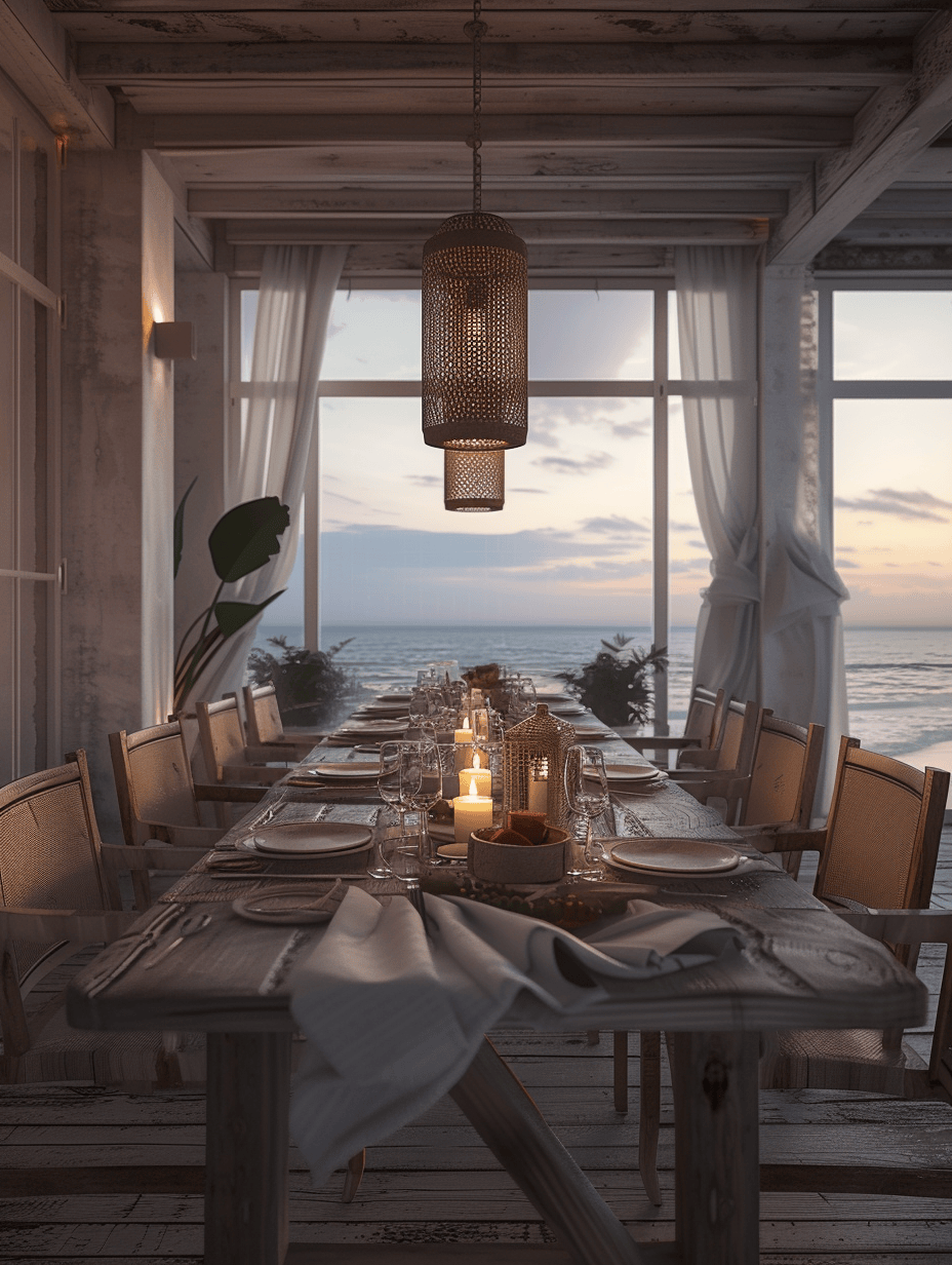 Wall decor in a coastal dining room showcasing ocean-inspired artwork