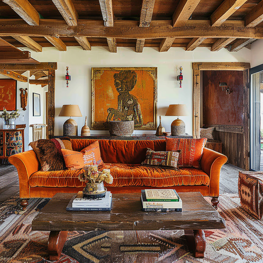 Warm 70s entryway with sunny orange accent wall and rustic brown bench