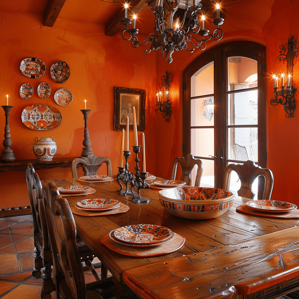 Warm Mediterranean dining room with burnt orange walls, a rustic wooden table, terracotta plates, and a wrought iron candle chandelier