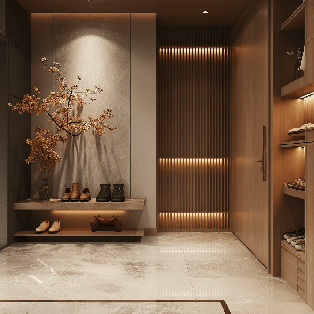 Warm and inviting Japandi hallway with wooden accents and soft lighting