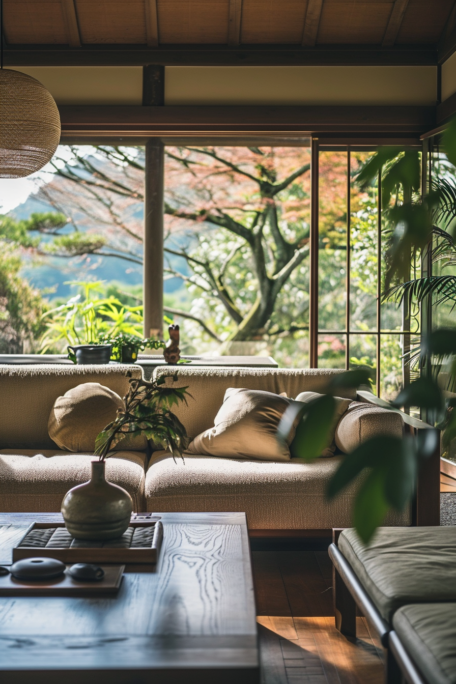 Warm and inviting Japanese living room interior with soft lighting and textiles.