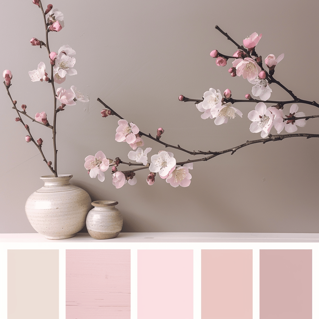 Warm and inviting pastel pink accents in a Japandi setting, adding a soft touch of color to the minimalist design