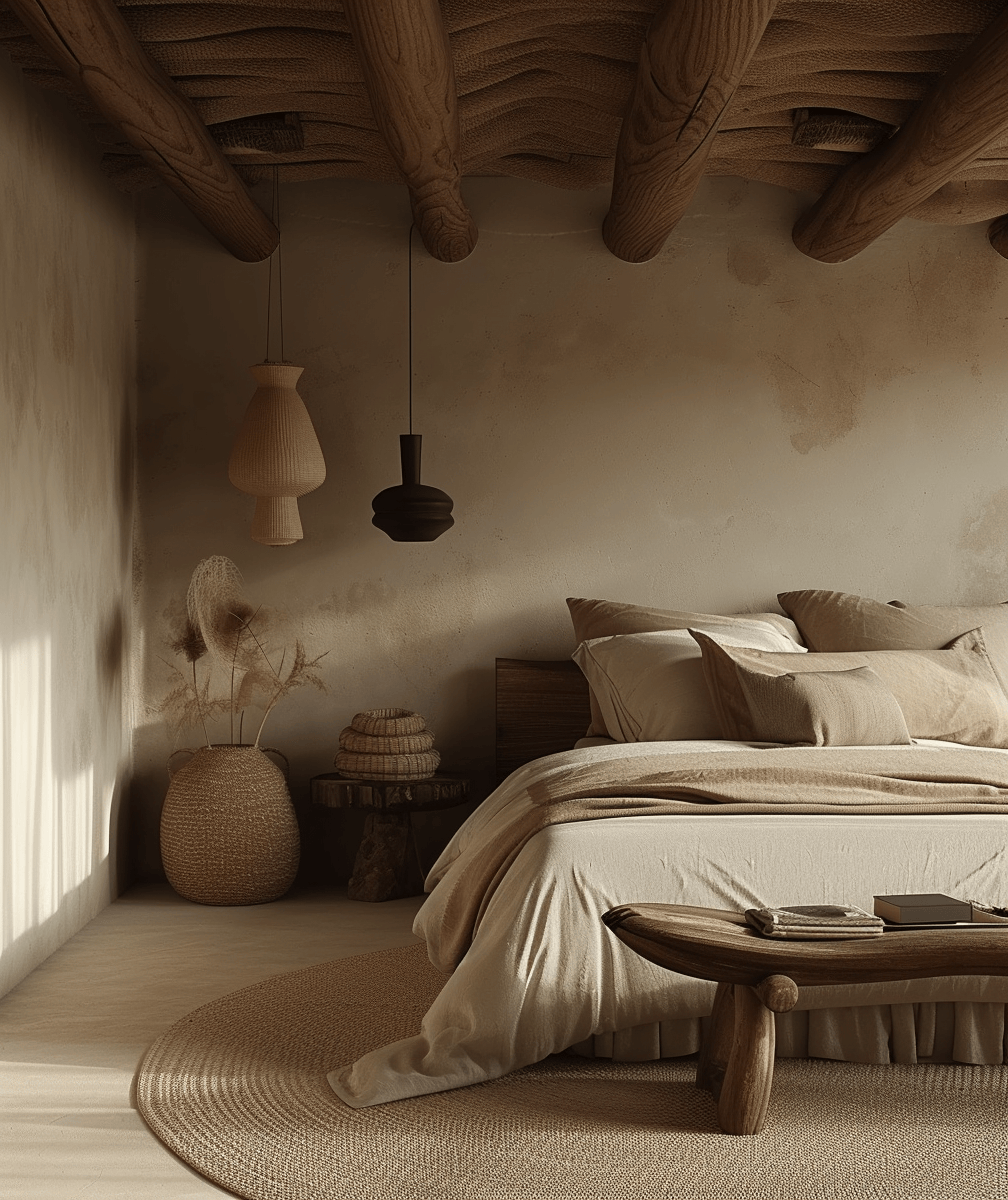 Warm and inviting rustic bedroom with plaid bedding for traditional comfort