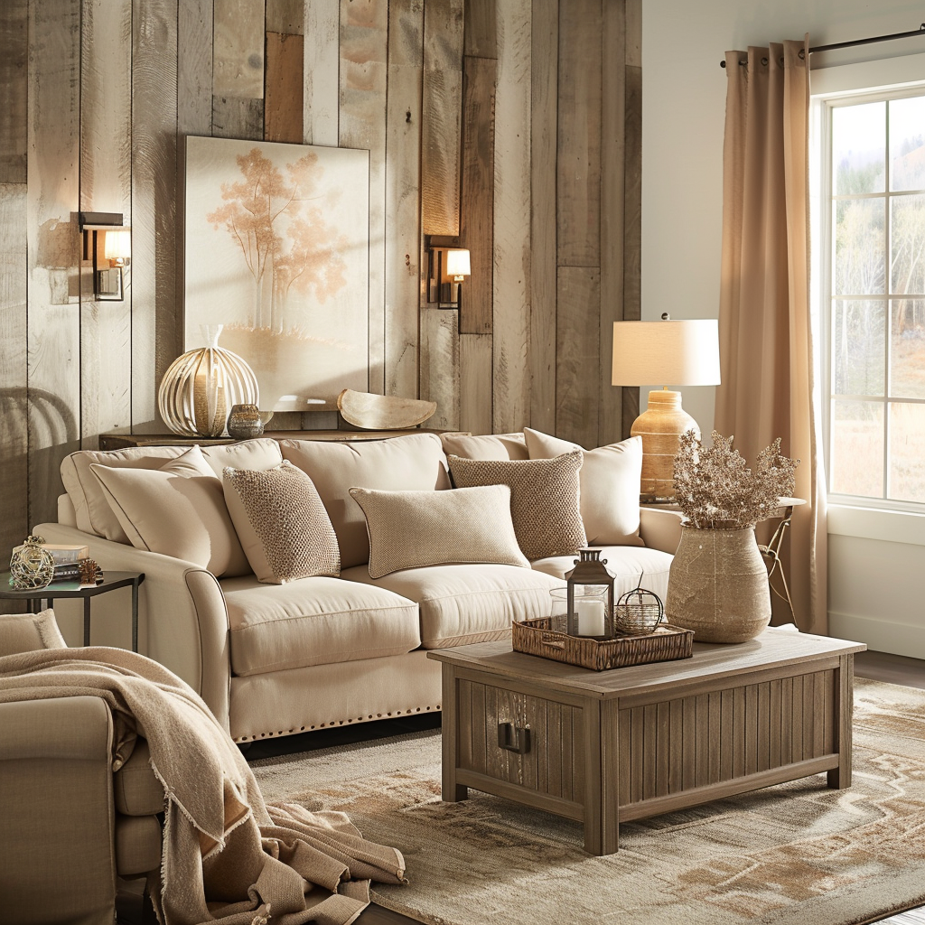 Warm beige and taupe modern farmhouse living room with cozy linens