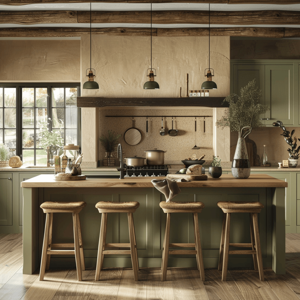 Warm, earthy colors and nature-inspired accents create a cozy, inviting ambiance in this English countryside kitchen
