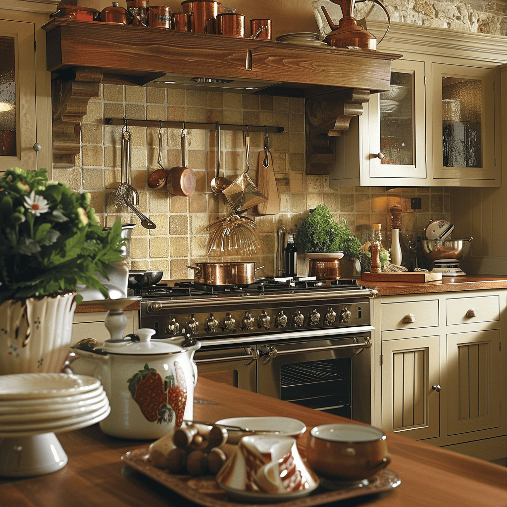 Warm, earthy tones throughout this English countryside kitchen create a cozy and inviting ambiance