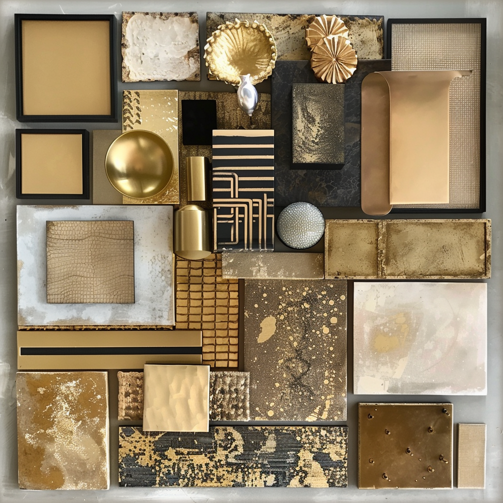 Warm gold tones combined with neutral colors in a moodboard showcasing a sophisticated and inviting living space concept