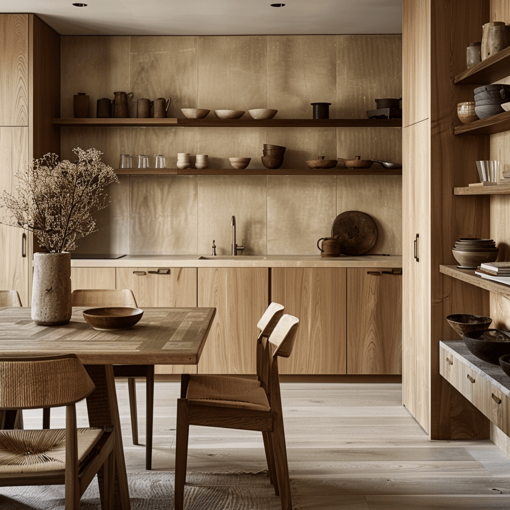 Warm, inviting Scandinavian kitchen with a mix of light, medium, and dark wood tones