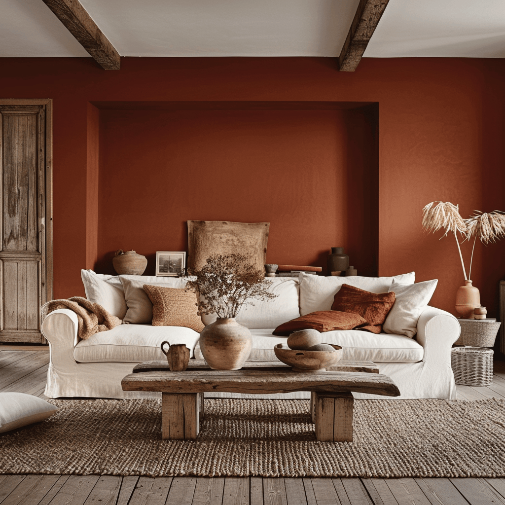 Warm, inviting Scandinavian living room with a deep terracotta accent wall, cream sofa, and rustic coffee table