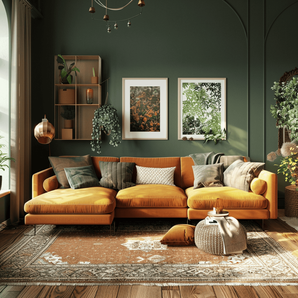 Warm, inviting Scandinavian living room with an autumn-inspired color palette of rich terracotta, golden yellow, and deep green