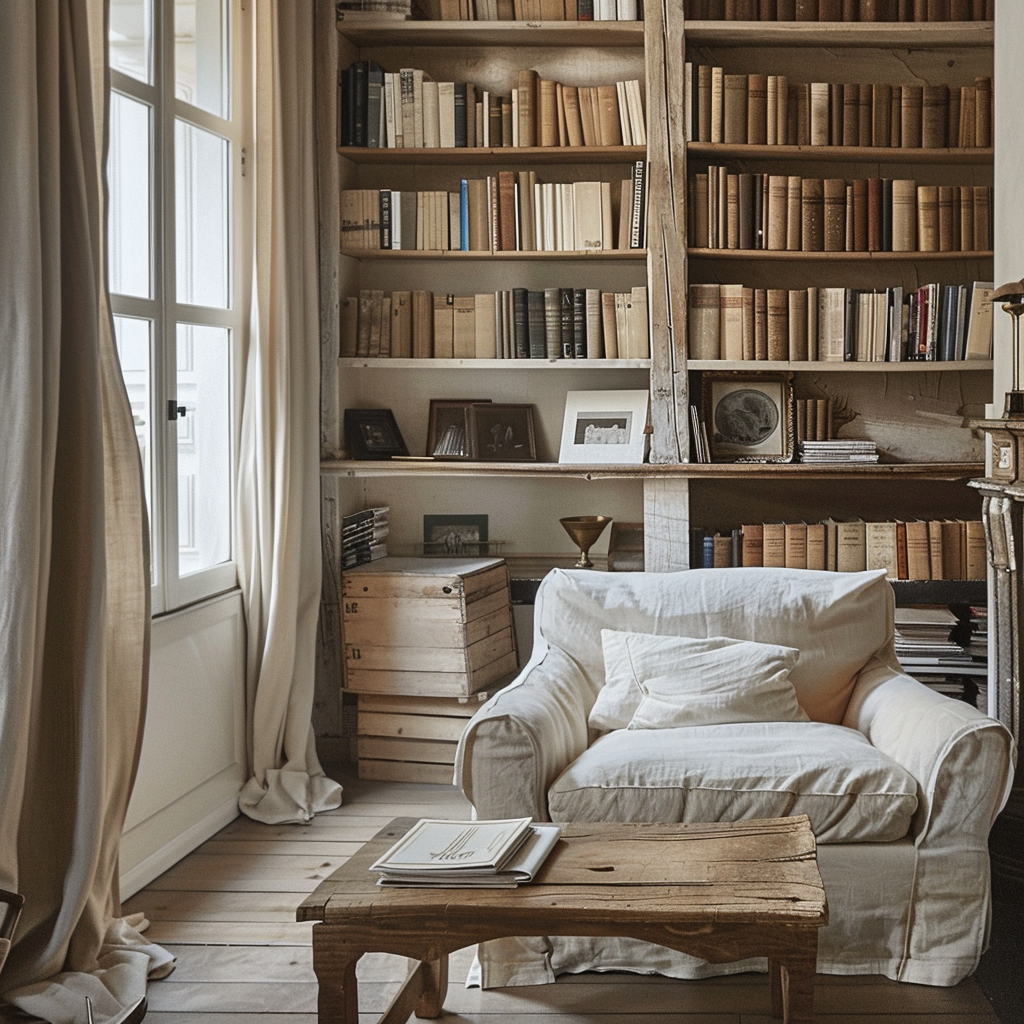 Warm living room with rustic wood beams, a reclaimed wood coffee table, and cozy, textured fabrics