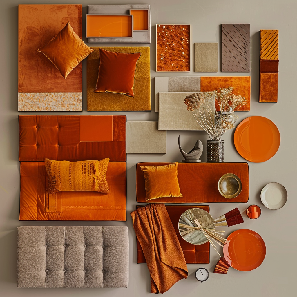 Warm orange moodboard with shades ranging from peach to burnt orange in textiles and wall paints for a cozy interior vibe