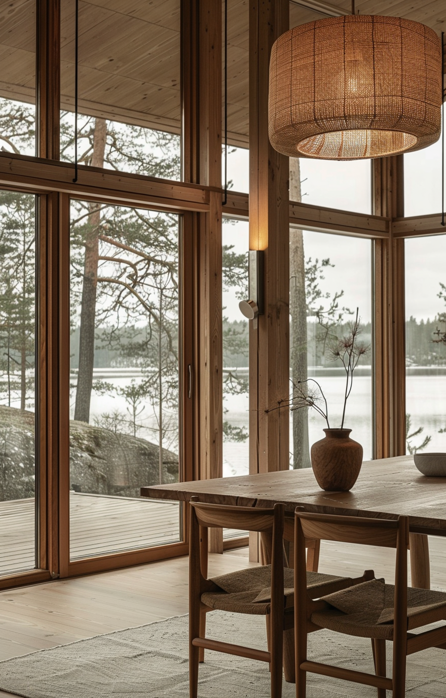 Warmly lit Japanese dining room with washi paper lamps creating a serene atmosphere