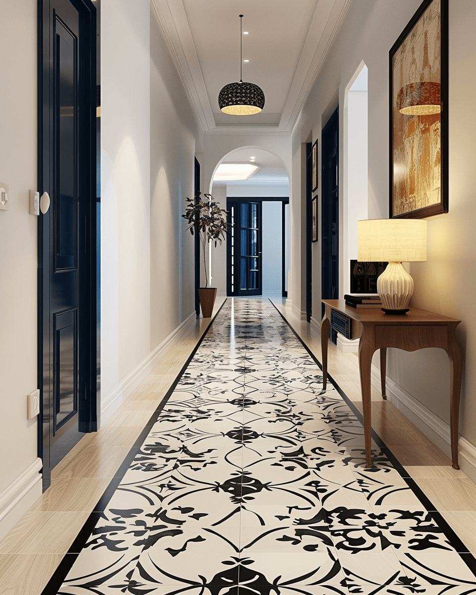 Welcoming Art Deco hallway with vibrant colors and layered lighting ambiance