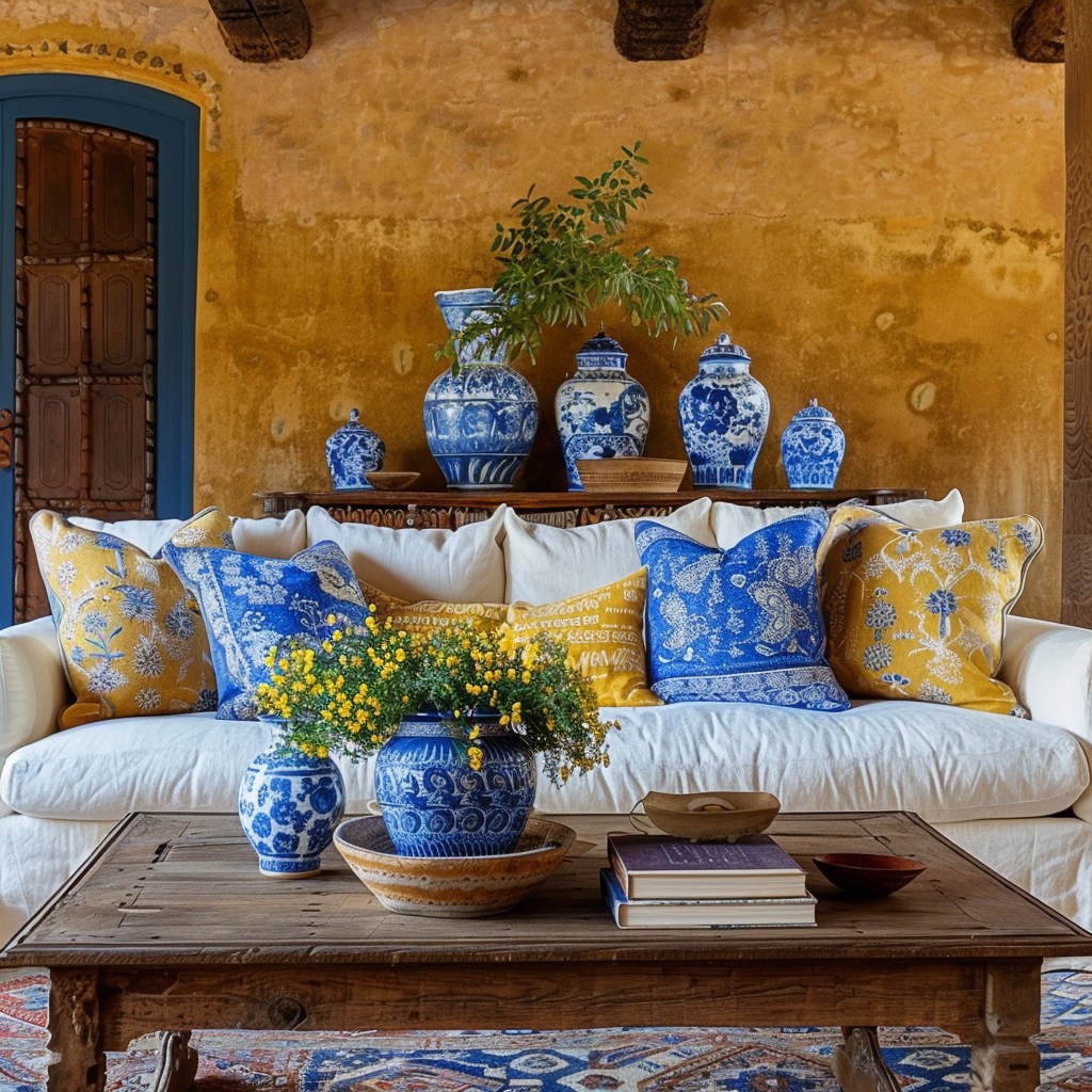 Welcoming Mediterranean-inspired living space showcasing warm hues, mixed prints, and colorful vases
