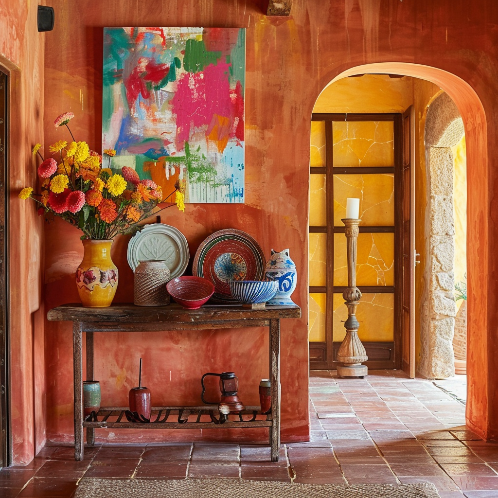 Welcoming Mediterranean entrance showcasing warm terracotta walls, an array of colorful plates and vases on a timeworn console, and a large, dynamic abstract painting