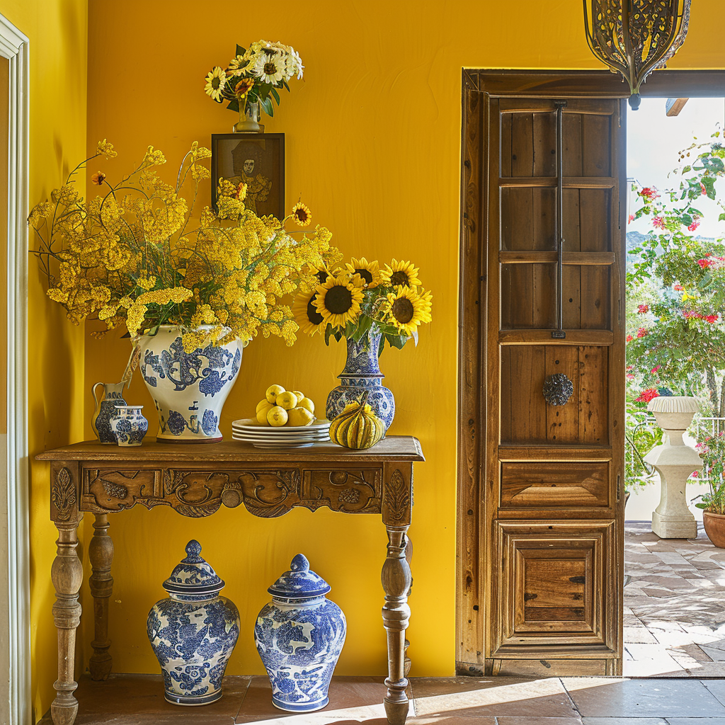 Welcoming Mediterranean entrance showcasing zesty lemon yellow walls, a timeworn wooden console, blue and white pottery, and a blend of sunflowers and citrus