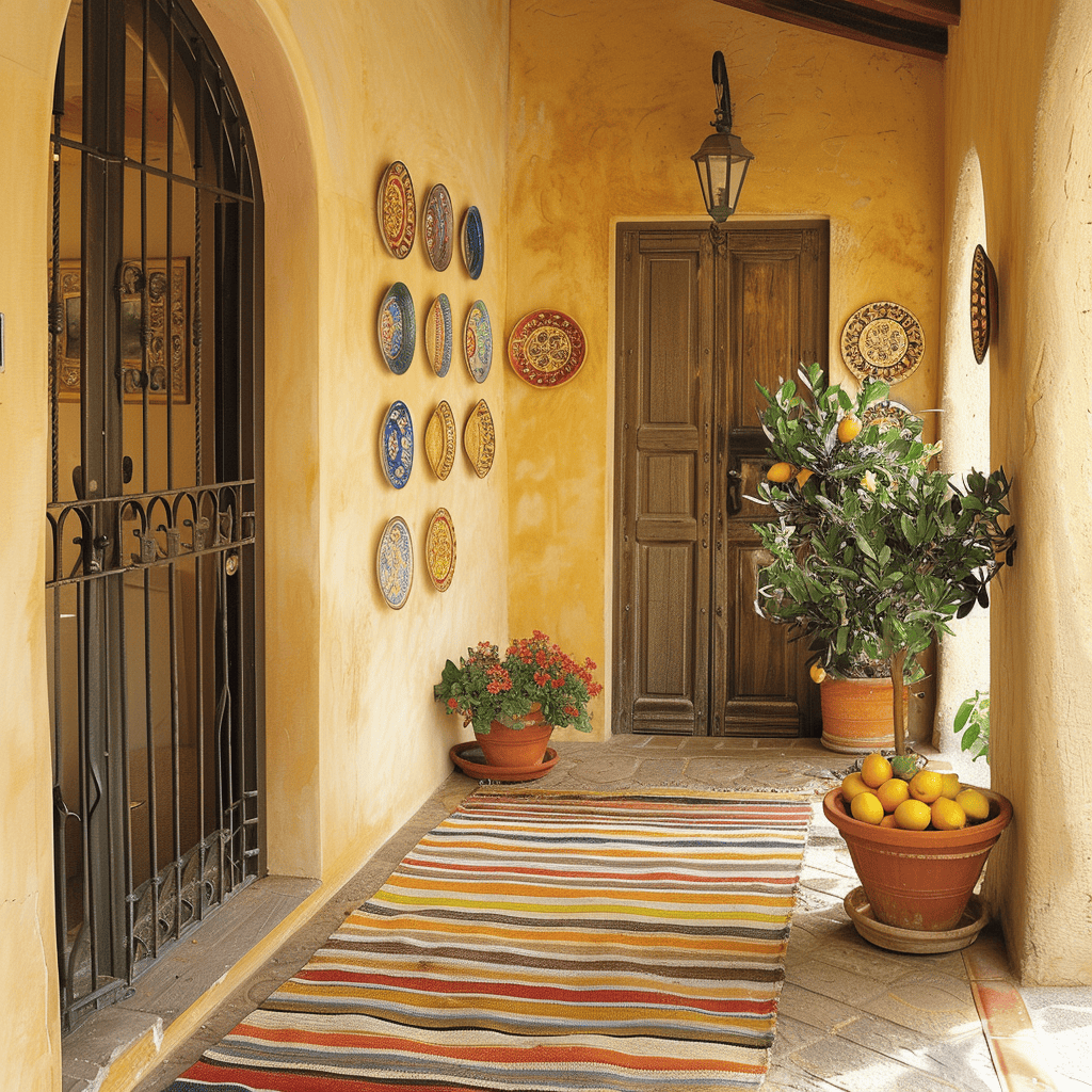 Welcoming Mediterranean entry area with soft beige, a striped rug, an iron wall rack, and a potted citrus tree