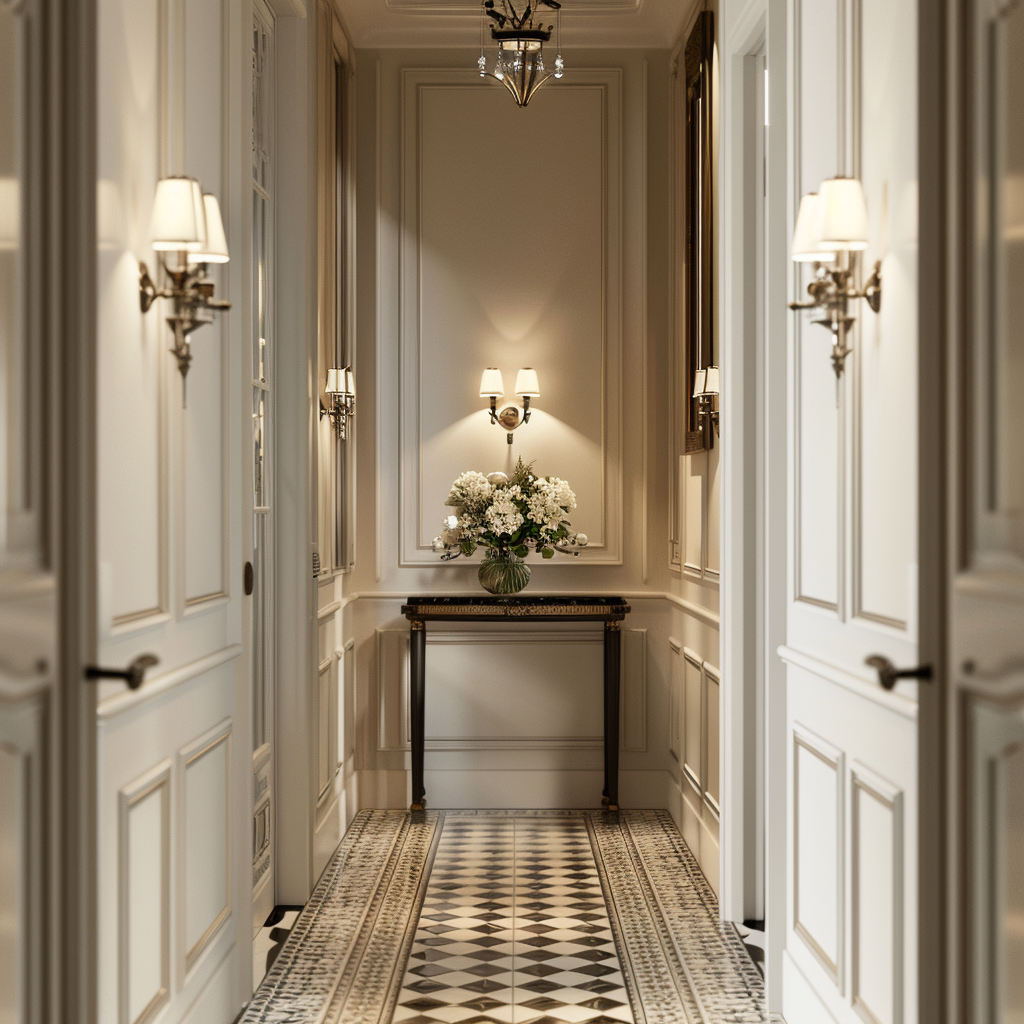 Welcoming entrance hall featuring a polished wood floor, ornate mirror, and a slender table with fresh flowers