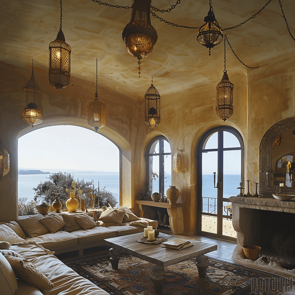 Well lit Mediterranean living room featuring a mix of natural and ambient lighting sources