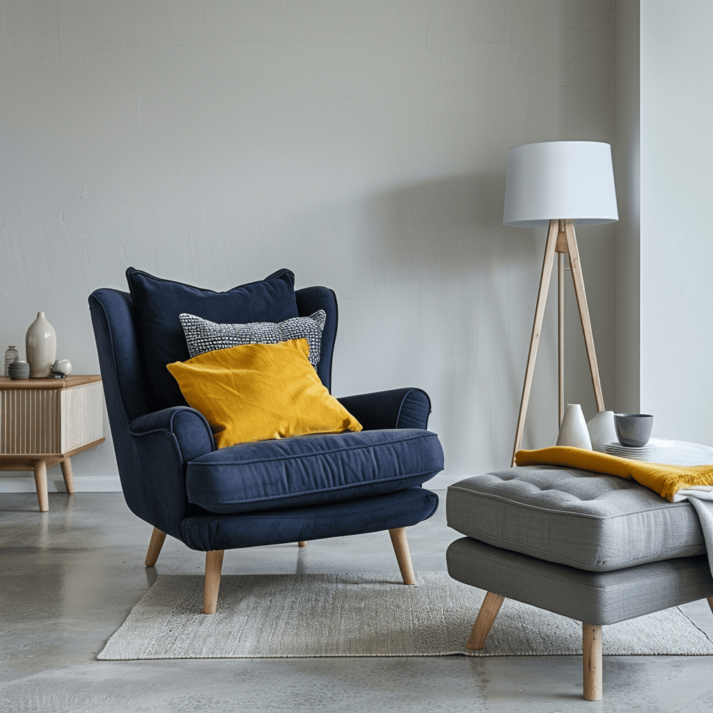 White and gray Scandinavian living room comes to life with deep blue and soft yellow accent colors