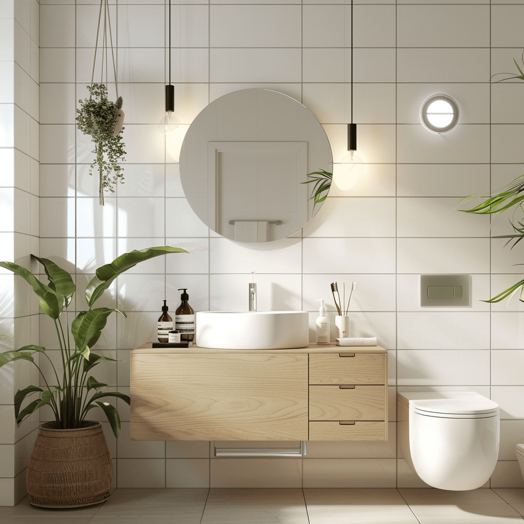 White tiles, light wood vanity, simple, modern mirror, and a potted plant create a spa-like atmosphere in this Scandinavian bathroom