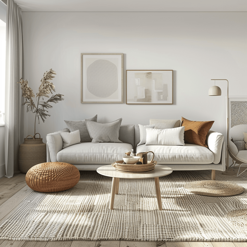 White walls, light wood floors, a gray sofa, and pops of soft, muted colors create a welcoming ambiance in this Scandinavian living room
