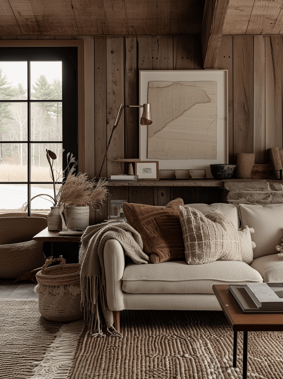 Whitewashed wood furniture in a light, rustic living room