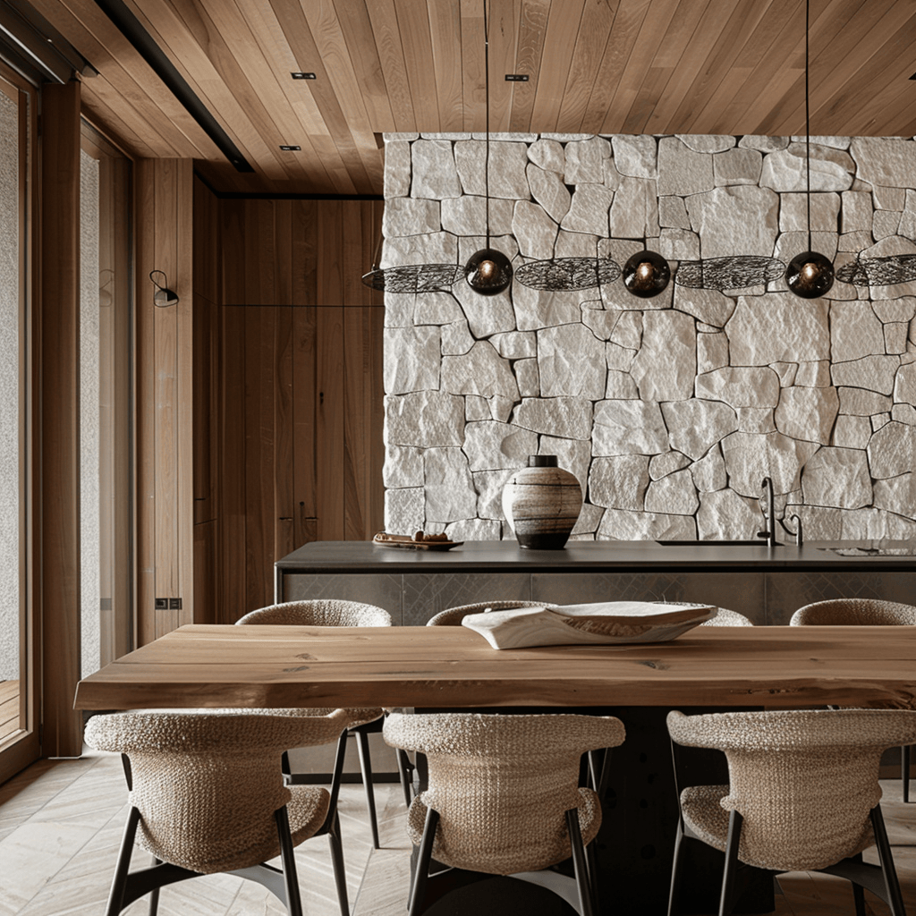 Wood accents, stone elements, and other natural materials infuse this modern dining room with organic beauty and a calming, grounded feel