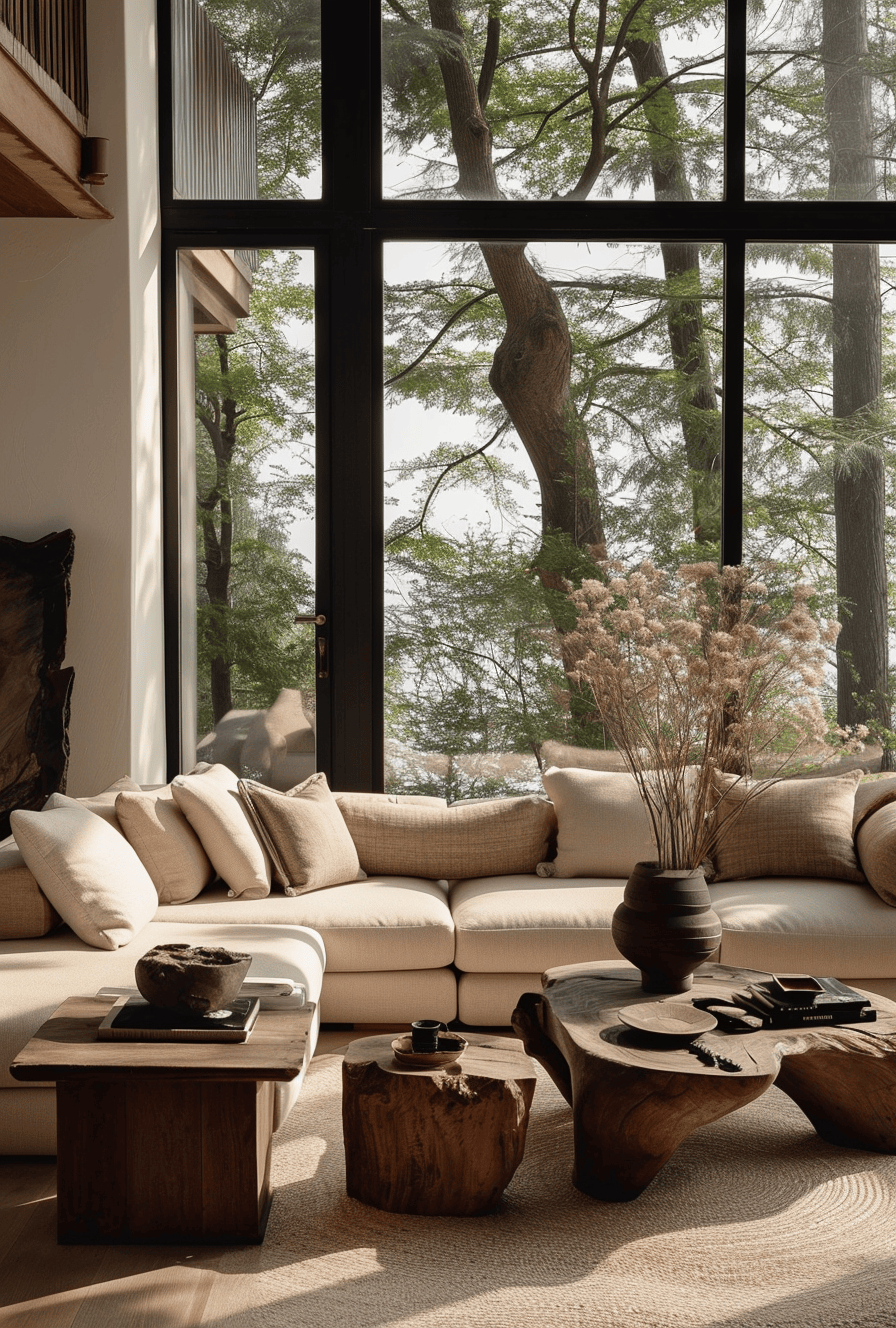 Wooden ladder for blankets in a corner of a rustic living room