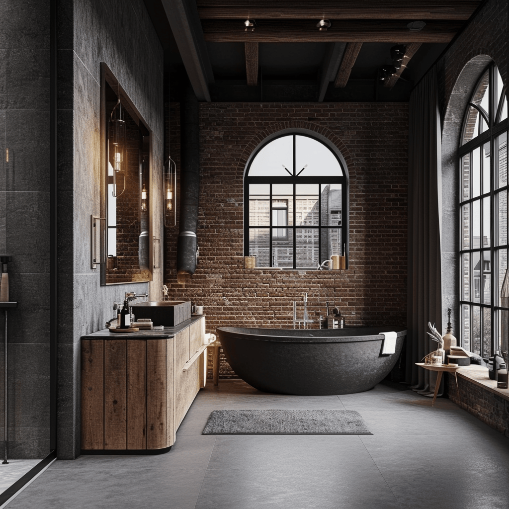 Wooden ladder shelf displaying towels in a country-style rustic bathroom