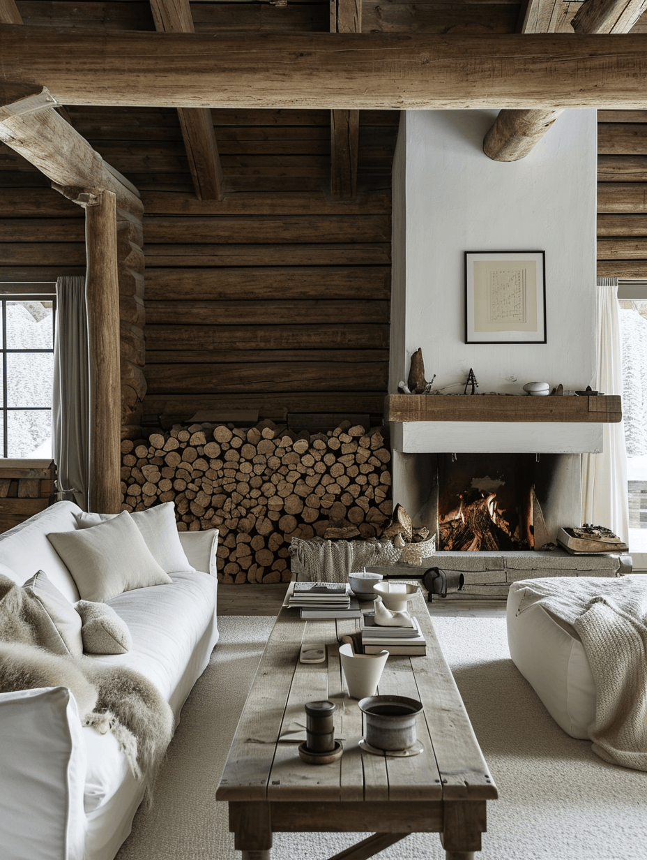 Wooden shutters on windows in a traditional rustic living room