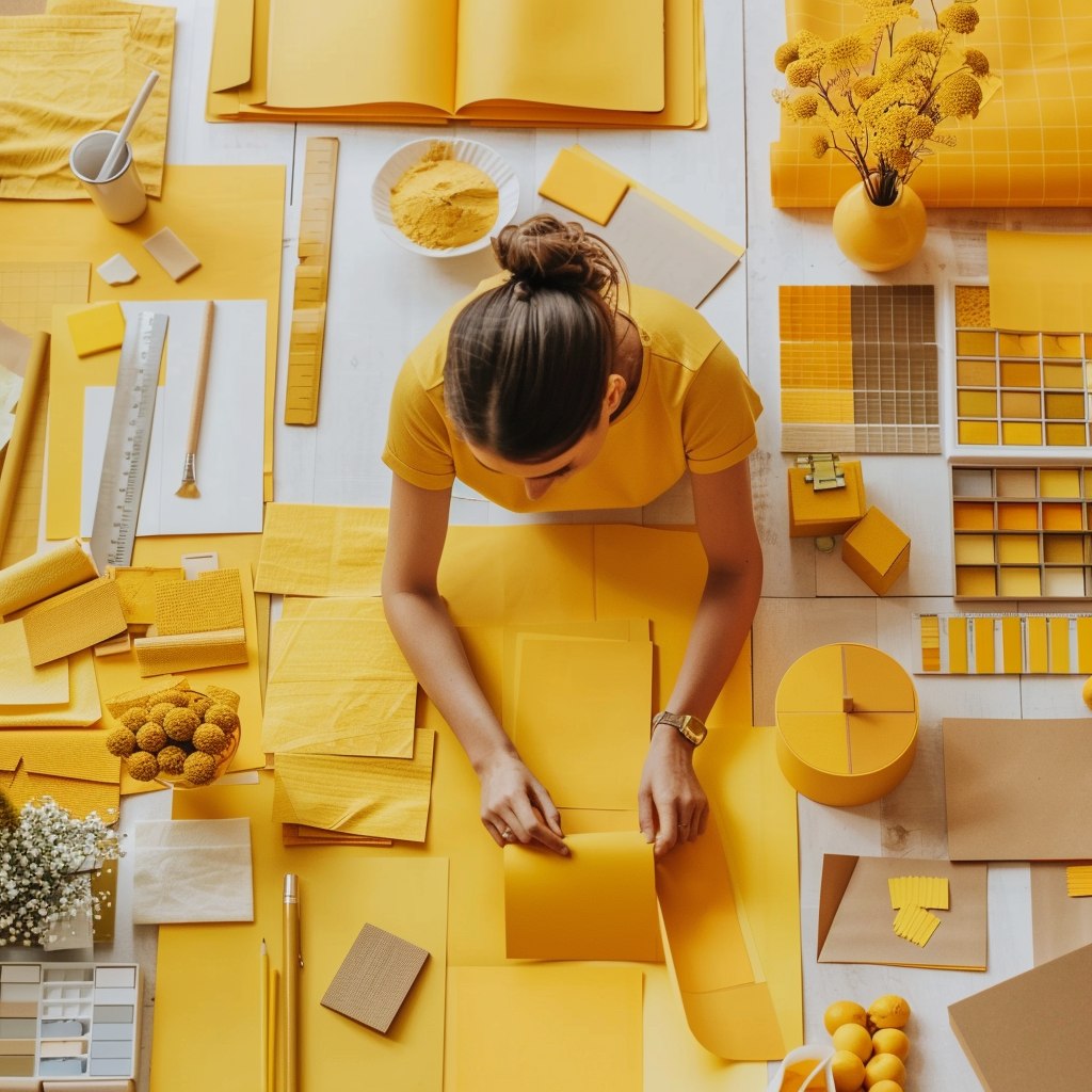 Yellow-focused moodboard blending soft pastels with vibrant sunflower tones in living room cushions and wall art for a lively space