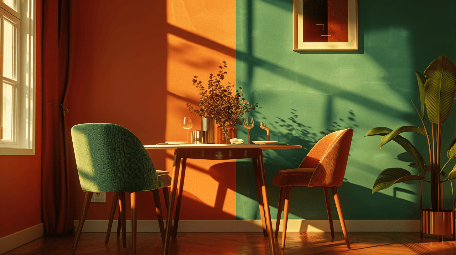 a 70s dining room flair with a glass dining table and molded plastic chairs