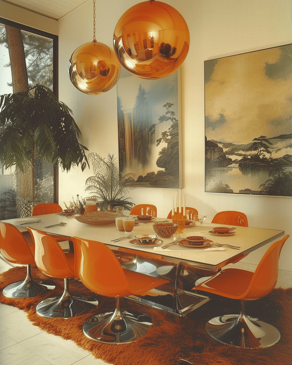 a 70s dining room harmony with a collection of indoor plants