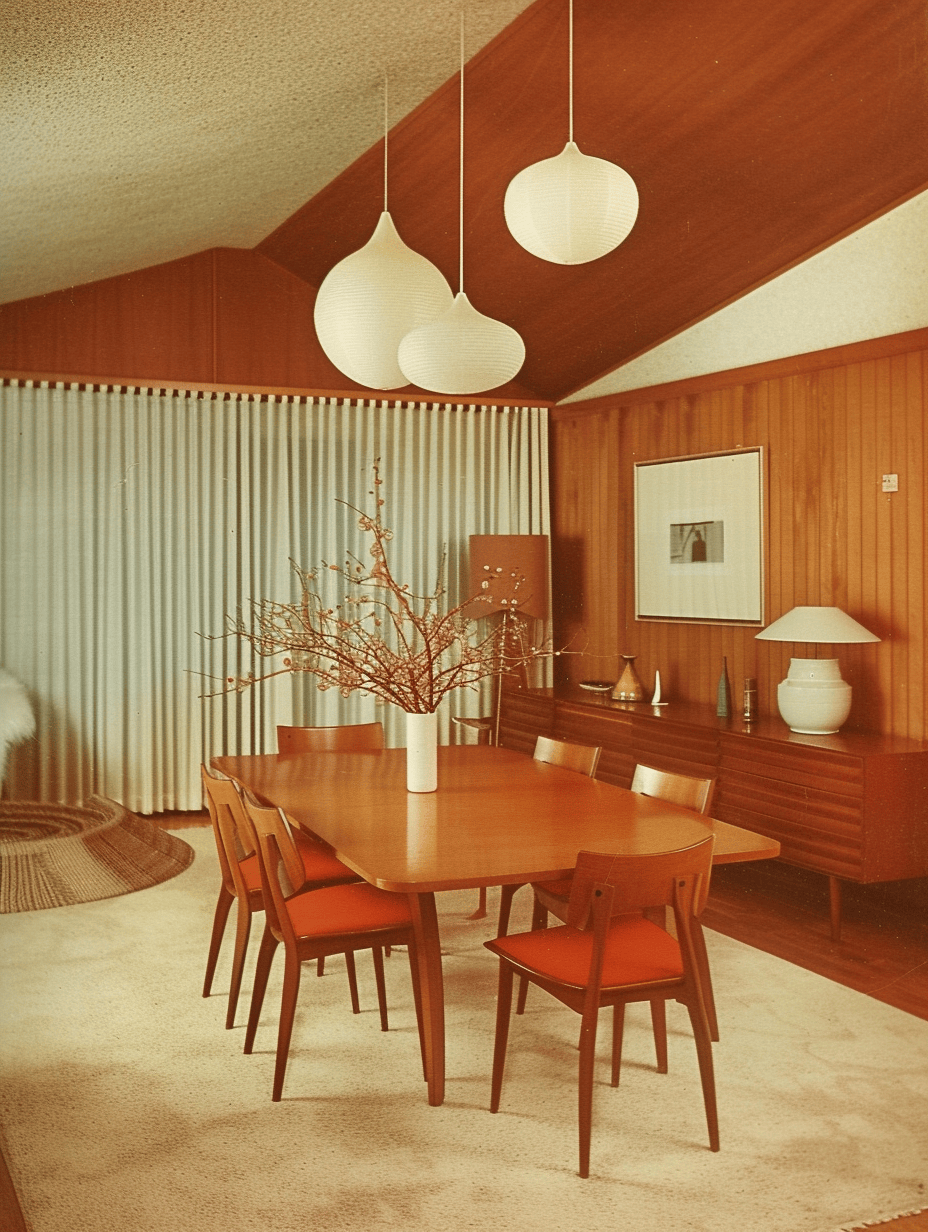 a 70s dining room impression with flock wallpaper