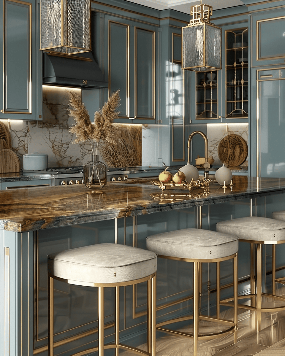 a Art Deco kitchen essentials showcasing sleek lines and metallic accents for a glamorous look