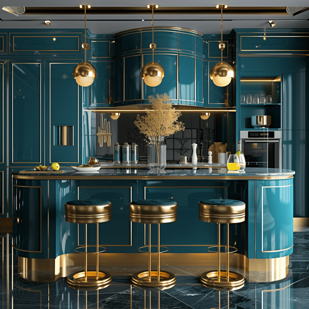 a Art Deco kitchen inspiration with velvet seating and statement lighting for an opulent dining area