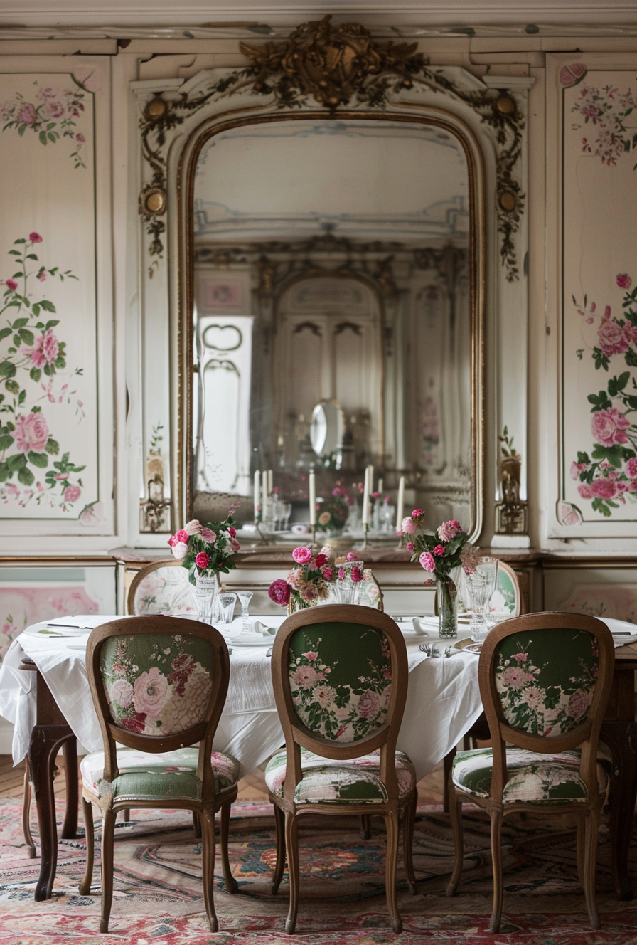 a Bright French Parisian dining area with French doors and stained glass windows