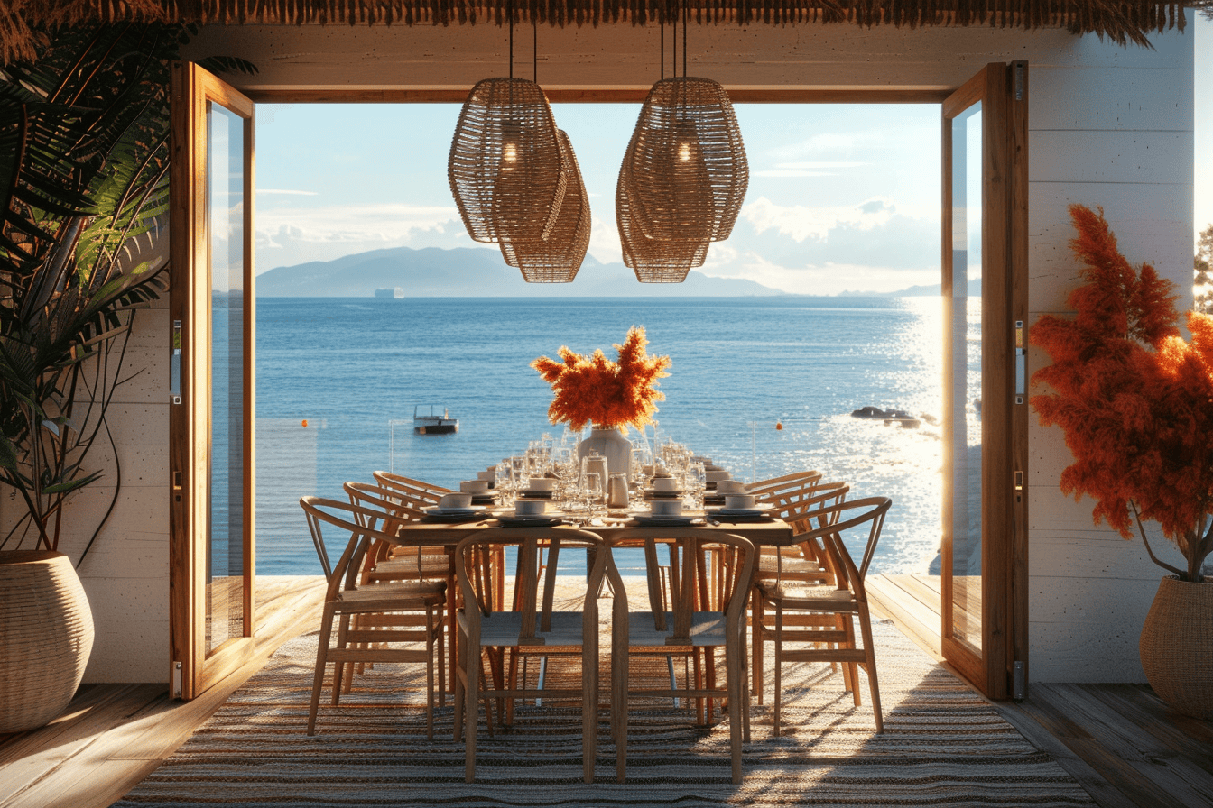 a Bright and airy coastal dining room with natural light enhancing the beachy feel