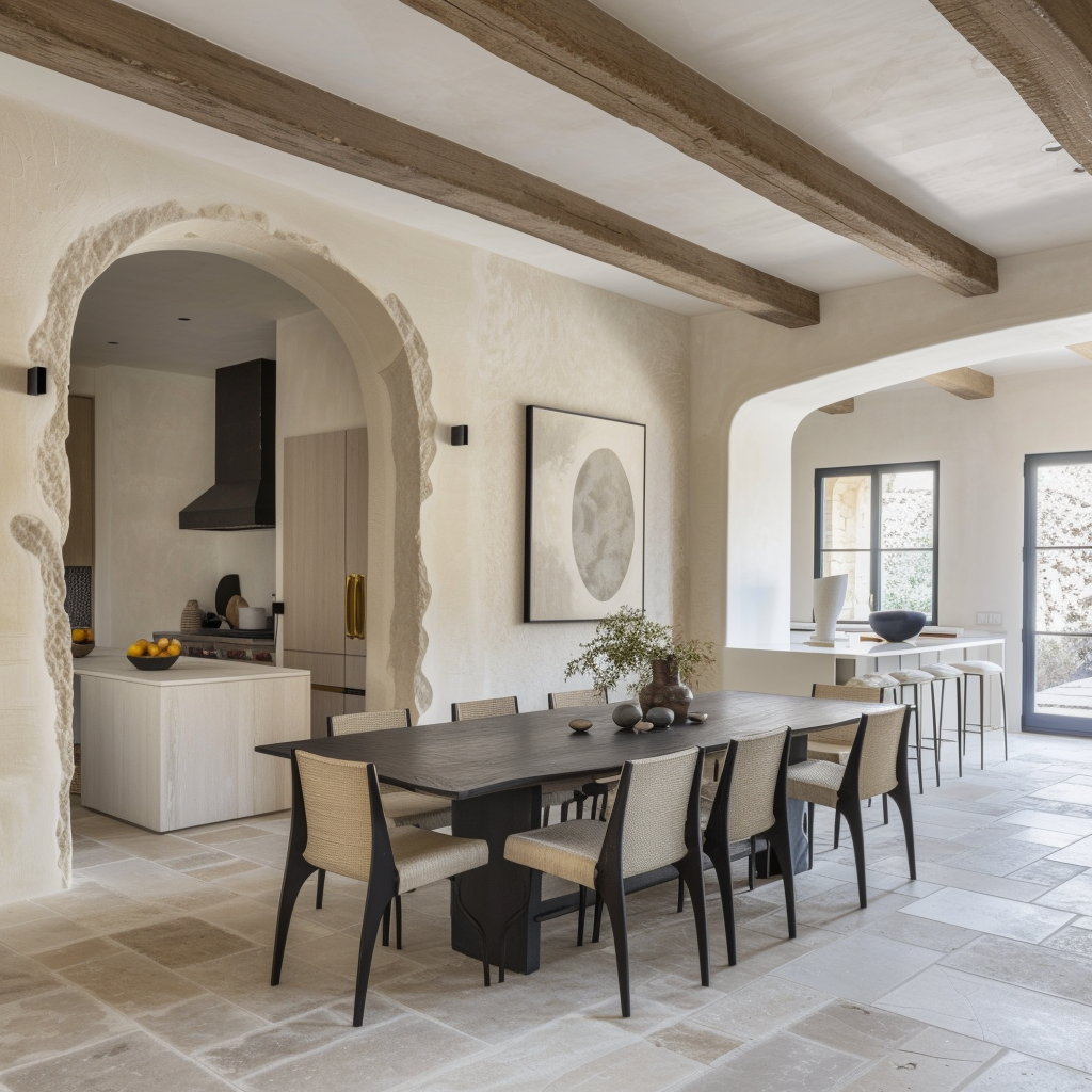 a Classic farmhouse dining room with ladder-back chairs and slipcovered seating