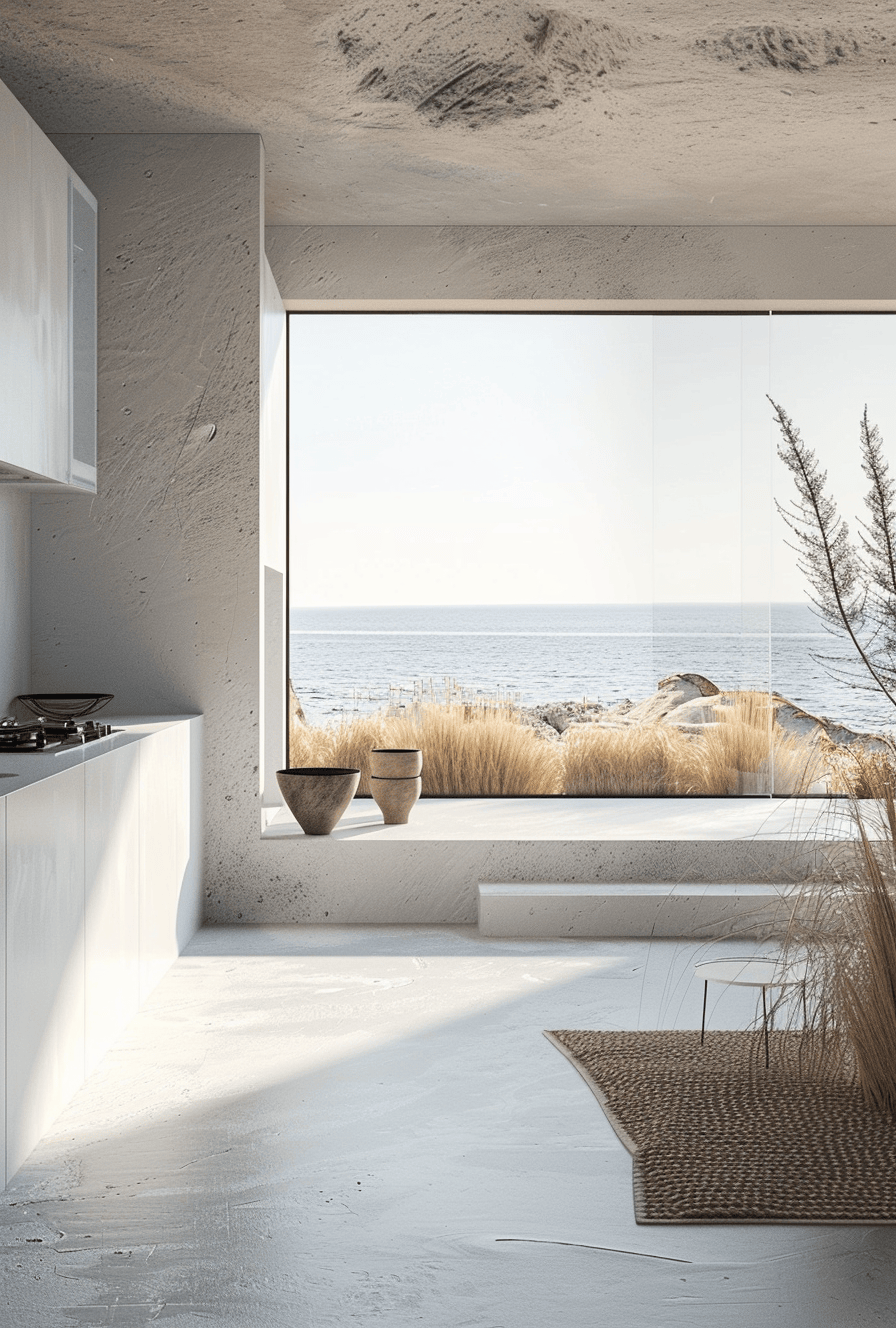 a Coastal Kitchen Ideas/ Bright and airy kitchen with open shelving displaying beach-themed decor