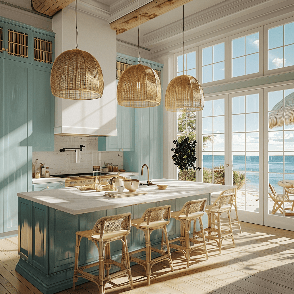 a Coastal Kitchen Lighting/ Coastal kitchen illuminated by nautical pendant lights over an island