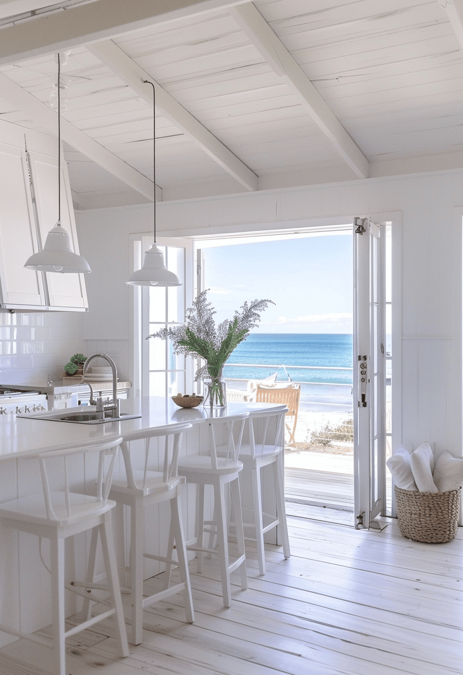 a Coastal Kitchen Windows/ Bright kitchen with large windows dressed in natural linen curtains