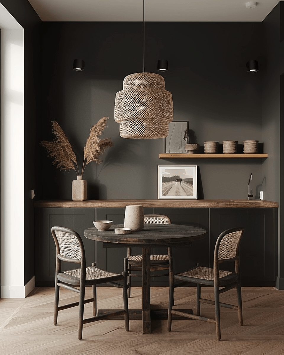 a Cozy dark dining room design with faux fur throws and ambient floor lamps