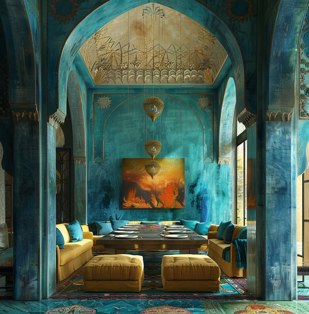 a Creative Moroccan dining room with henna-inspired art on the walls
