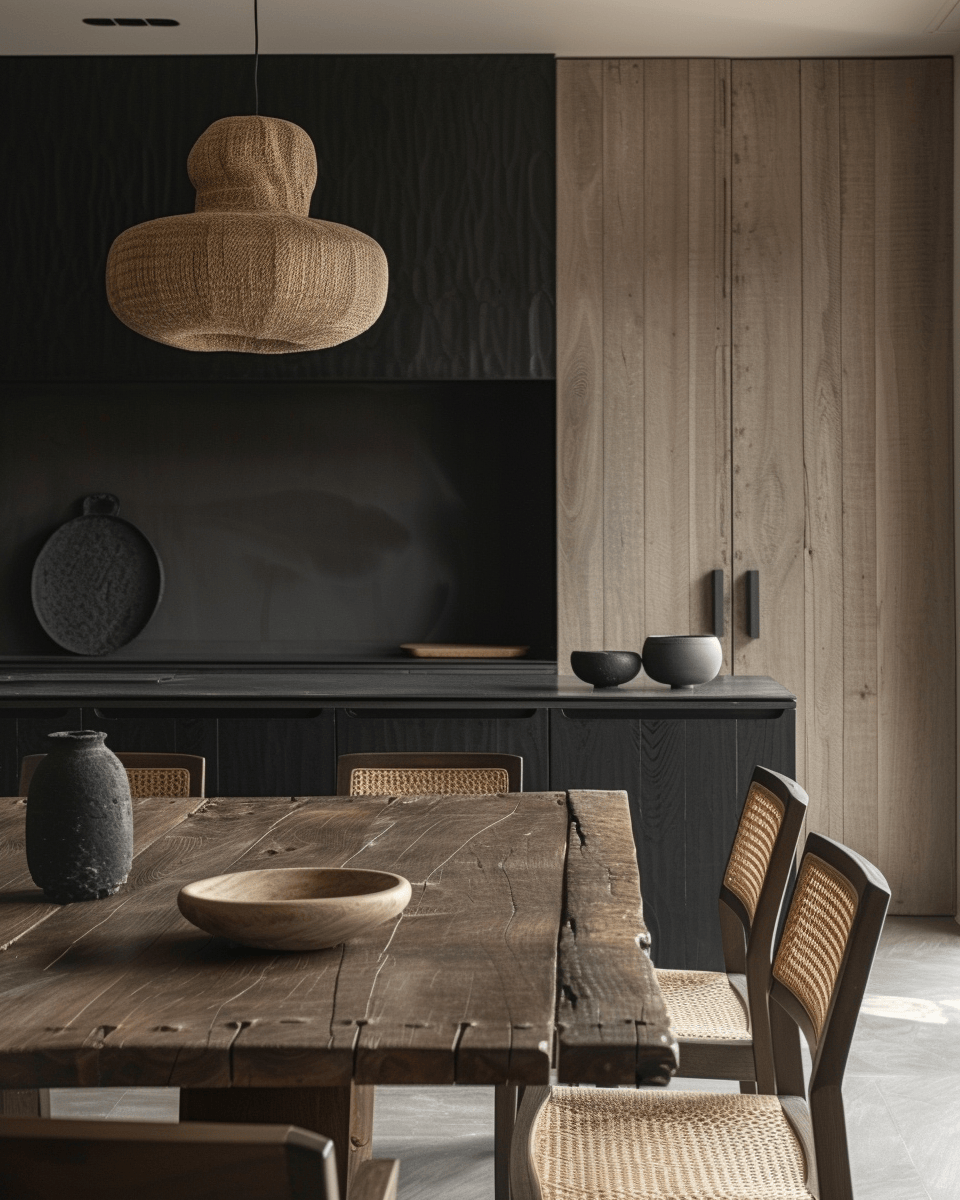 a Dark dining room decor ideas with candleholders and moody plant accents