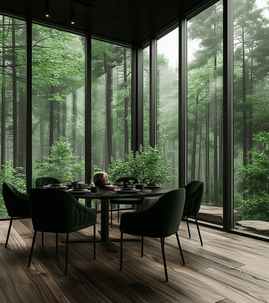a Dark dining room design with luxury tableware and integrated sound system